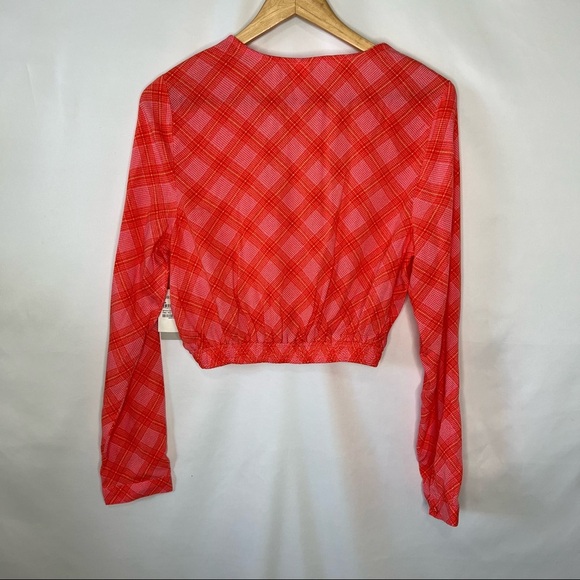 BP. Women's Surplice V-Neck Crop Top in Pink-Red Ian Bias Plaid - Sz M - Picture 6 of 11